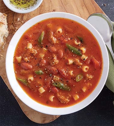 MEATLESS SAUSAGE MINESTRONE SOUP MADE WITH CAMPBELL’S® CONDENSED TOMATO SOUP