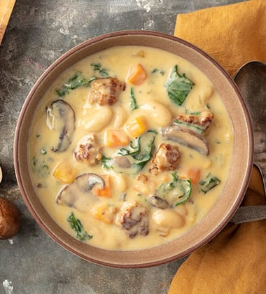 BUTTERNUT SQUASH, KALE & TURKEY SAUSAGE SOUP MADE WITH CAMPBELL’S® HEALTHY REQUEST® CREAM OF MUSHROO