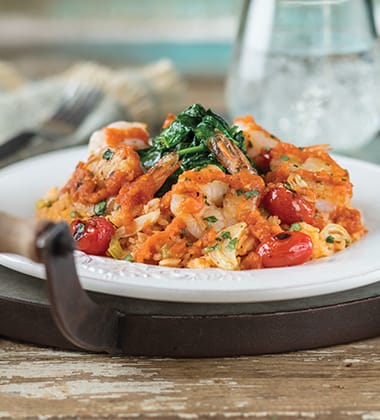garlic shrimp with wilted spinach & spanish rice made with v8® spicy hot vegetable juice featured image