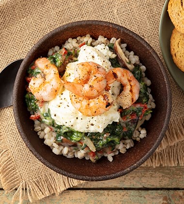 GRILLED SHRIMP & MUSHROOM BARLEY SOUP MADE WITH CAMPBELL’S® HEALTHY REQUEST® CREAM OF MUSHROOM SOUP
