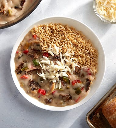 PHILLY CHEESESTEAK BOWL MADE WITH CAMPBELLS® HEALTHY REQUEST® CREAM OF MUSHROOM SOUP