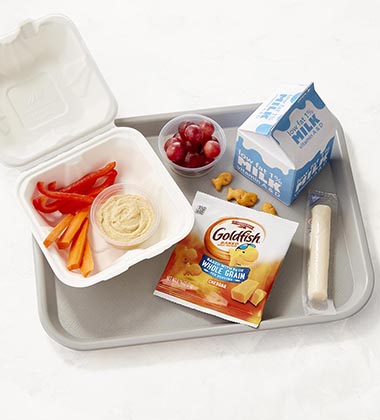 MIX AND DIP HUMMUS LUNCH SERVED WITH GOLDFISH® MADE WITH WHOLE GRAIN CHEDDAR