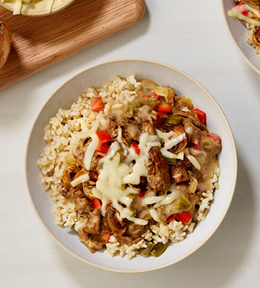 philly cheesesteak bowl made with campbells® healthy request® cream of mushroom soup featured image