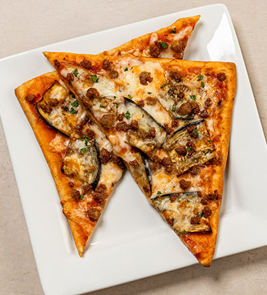 TOMATO BASIL MOUSSAKA FLATBREAD PIZZA