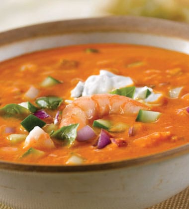 TUSCAN SHRIMP GAZPACHO SOUP MADE WITH CAMPBELL’S® SIGNATURE CREAMY TOMATO BASIL BISQUE