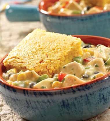 SOUTHWEST CHICKEN POT PIE WITH CORN BREAD TOPPING