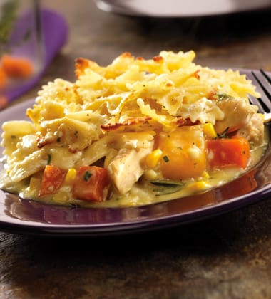 CRUSTLESS CHICKEN & CORN POT PIE WITH BOWTIE NOODLE TOPPING