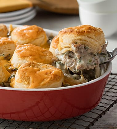 BISCUIT & SAUSAGE CASSEROLE MADE WITH CAMPBELL’S® CREAM OF MUSHROOM SOUP