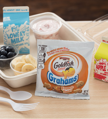 BREAKFAST BANANA SPLIT MADE WITH GOLDFISH® GRAHAMS BAKED WITH WHOLE GRAIN FRENCH TOAST